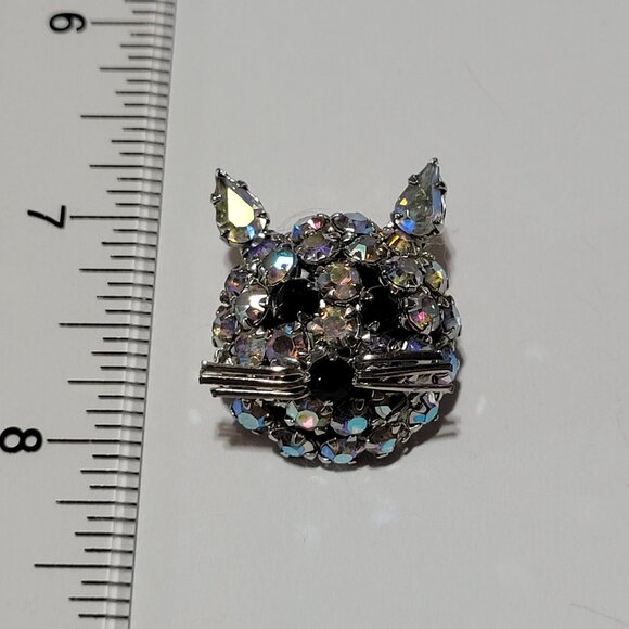 Joseph Warner Cat Face Brooch Rhinestones Silver Tone Whiskers Cat Lady Vintage - Picture 2 of 7